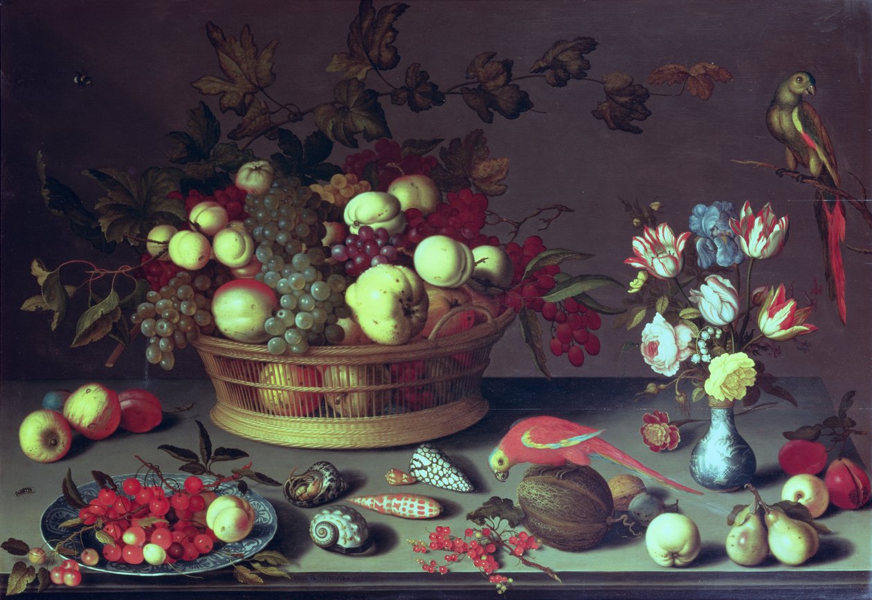 Una cesta de uvas y otras frutas de Balthasar van der Ast