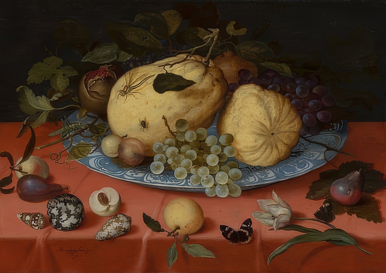 Naturaleza muerta con frutas, conchas y tulipán. 1620 de Balthasar van der Ast