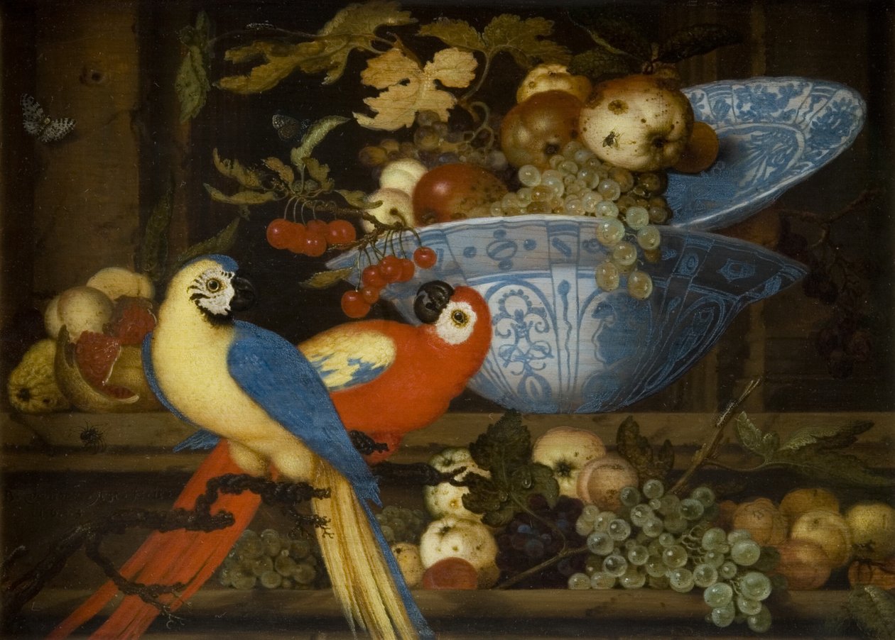 Bodegón de frutas con dos loros de Balthasar van der Ast