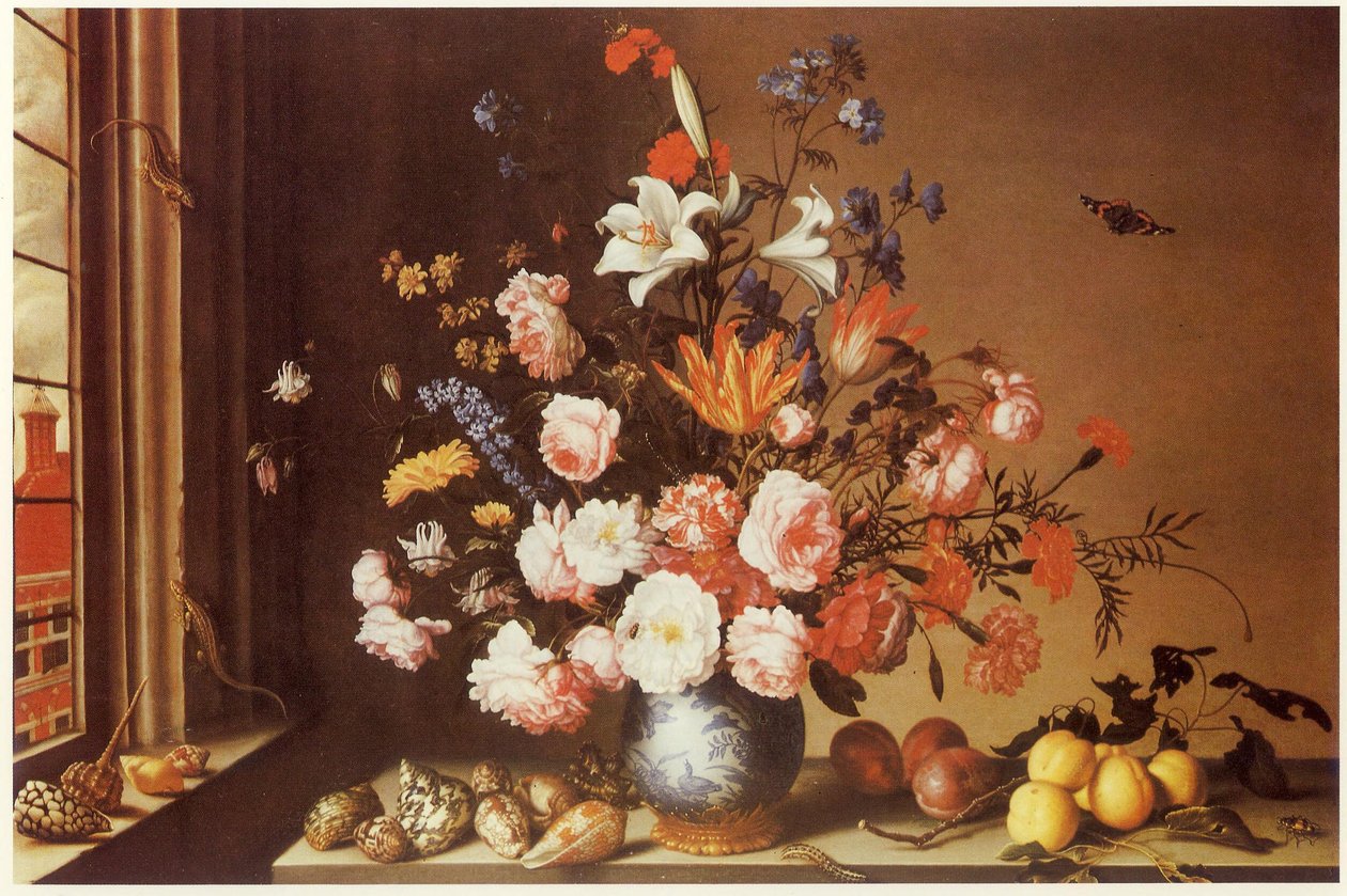 Interior con gran ramo, conchas, frutas y lagartijas de Balthasar van der Ast