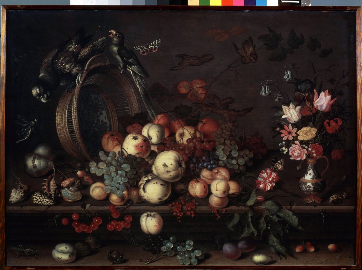 "Bodegón con frutas, flores y loros" (también llamado "Bodegón con frutas, conchas e insectos") Pintura de Balthasar van der Ast (1593/4-1657 ) hacia 1620 Dim. 75x104 cm Museo Ermi de Balthasar van der Ast