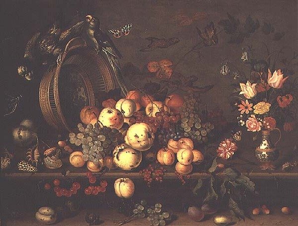 Naturaleza muerta con frutas, flores y loros, principios de 1620 de Balthasar van der Ast