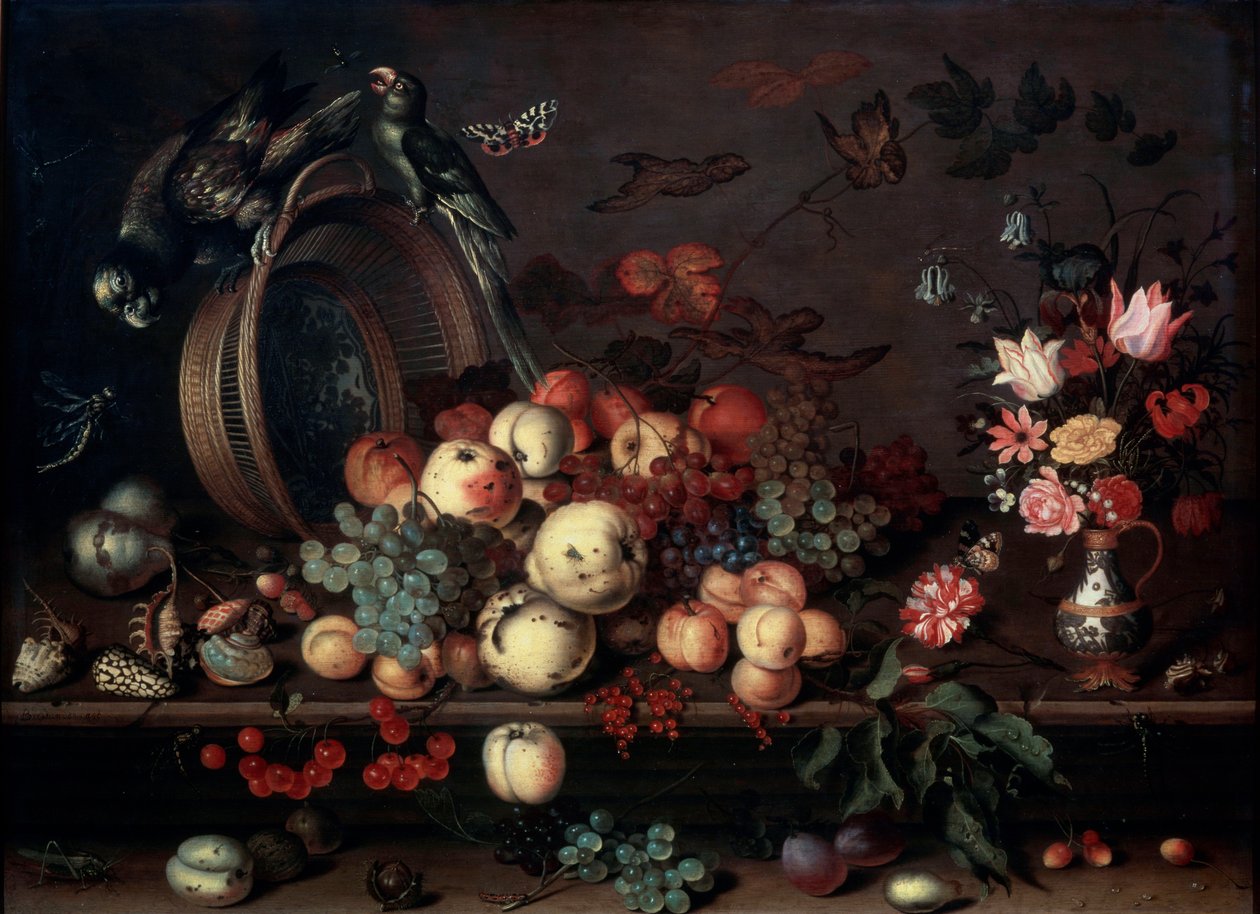 Naturaleza muerta con frutas, flores y loros, 1620s de Balthasar van der Ast