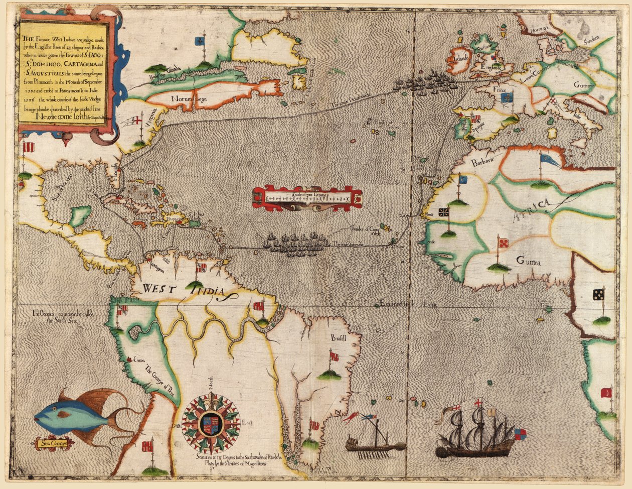 Ruta del viaje de Drake a través del Océano Atlántico, 1586 de Baptista Boazio