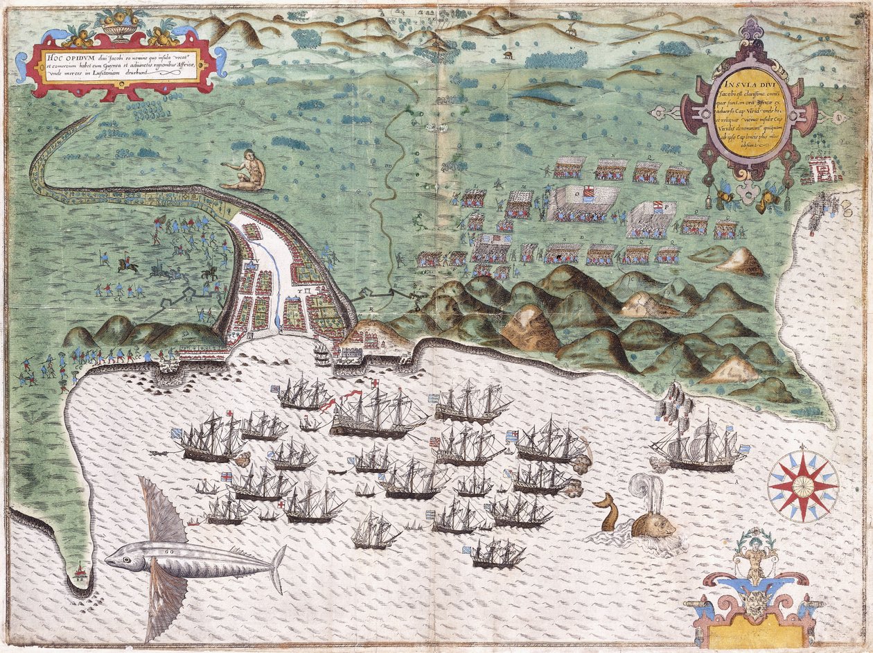 Plano de Santiago, Islas de Cabo Verde, mostrando el ataque de Sir Francis Drake al fuerte español el 17 de noviembre de 1585, c.1588-9 de Baptista Boazio