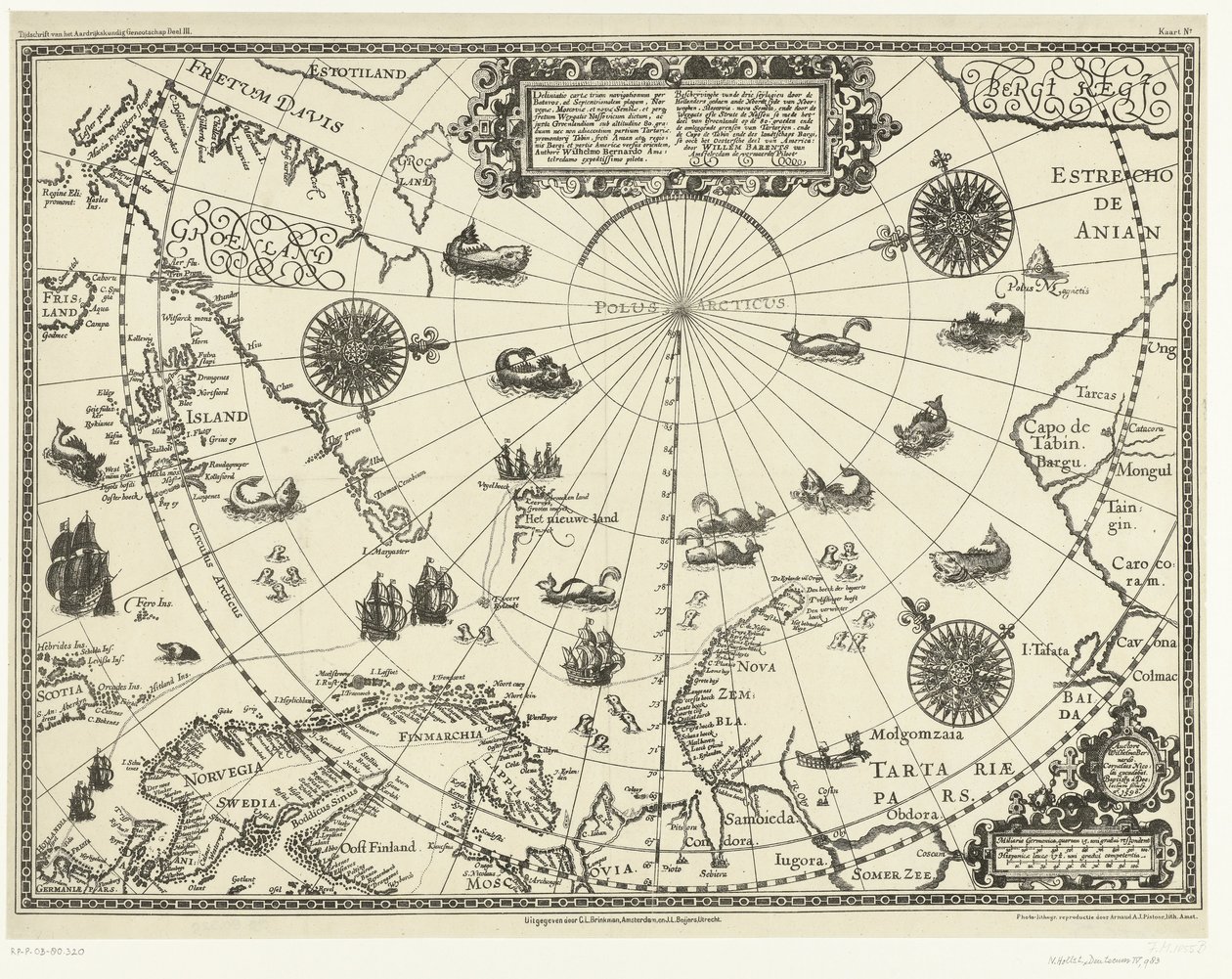 Mapa de los países alrededor del Círculo Polar Ártico con los tres viajes de los holandeses en 1598 de Baptista van (after) Doetechum