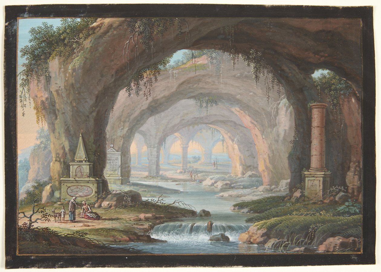 Paisaje con grutas perforadas, monumentos funerarios, un río y figuras de Barbara Dietzsch