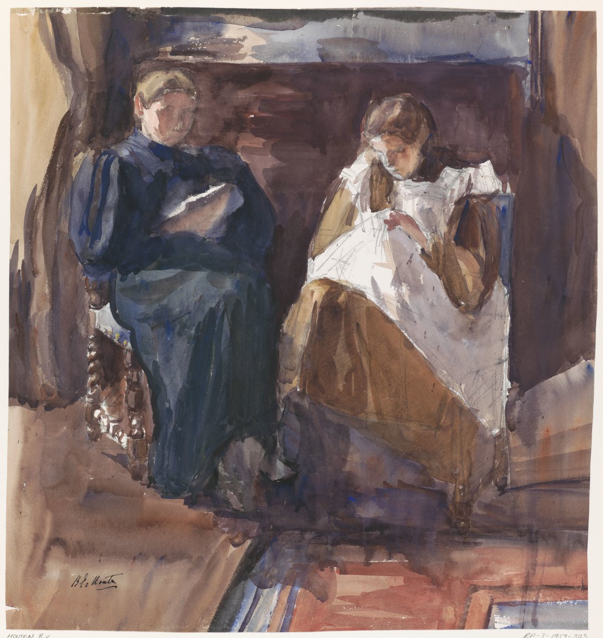 Señora lectora y chica bordadora, vistas de frente, en la casa de Riouwstraat 6, La Haya de Barbara Elisabeth van Houten