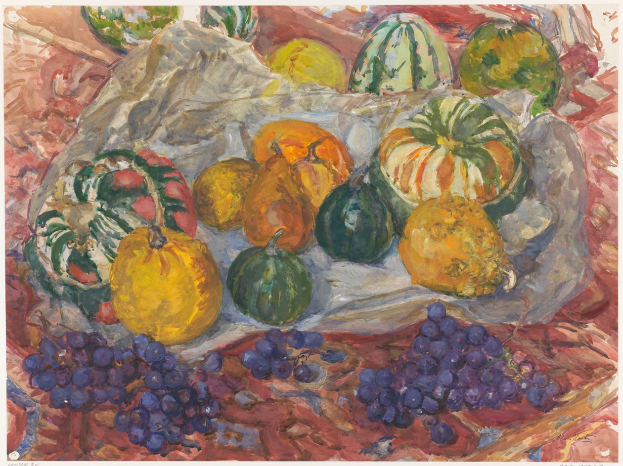 Bodegón de calabazas y uvas sobre una alfombra de Barbara Elisabeth van Houten