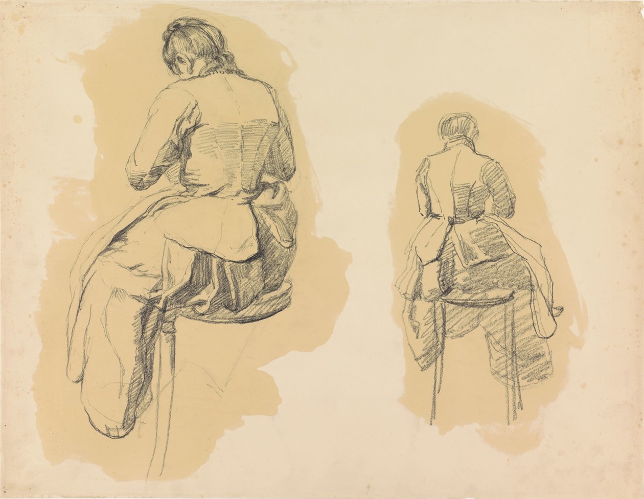 Dos estudios de una mujer sentada en un taburete, vista desde atrás de Barbara Elisabeth van Houten