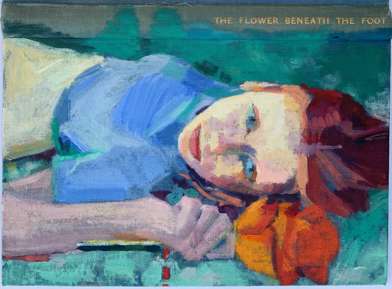 Flor bajo el pie, 2022 (óleo sobre cubierta de libro de lino antiguo) de Barbara Hoogeweegen