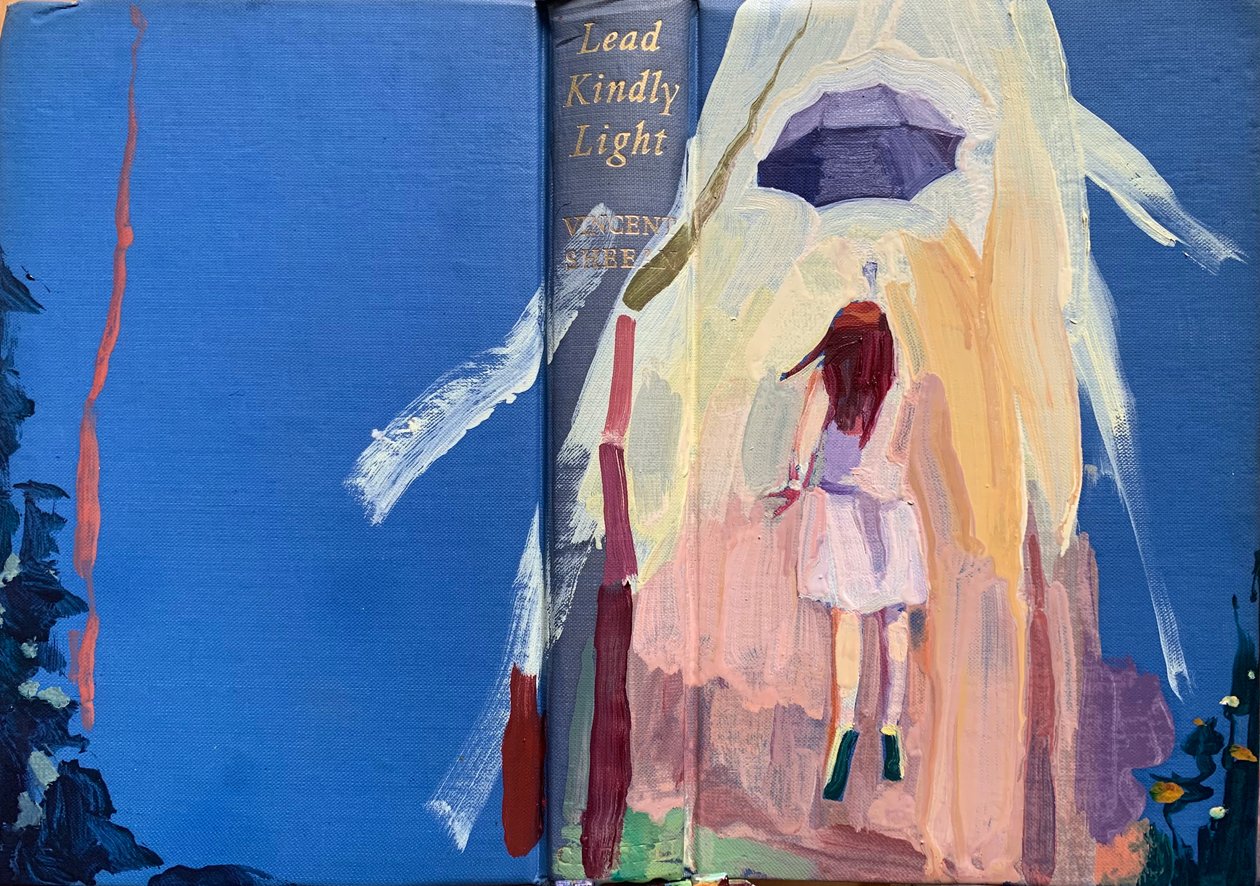 Lead kindly light, 2022 (óleo sobre cubierta de libro de lino antiguo) de Barbara Hoogeweegen
