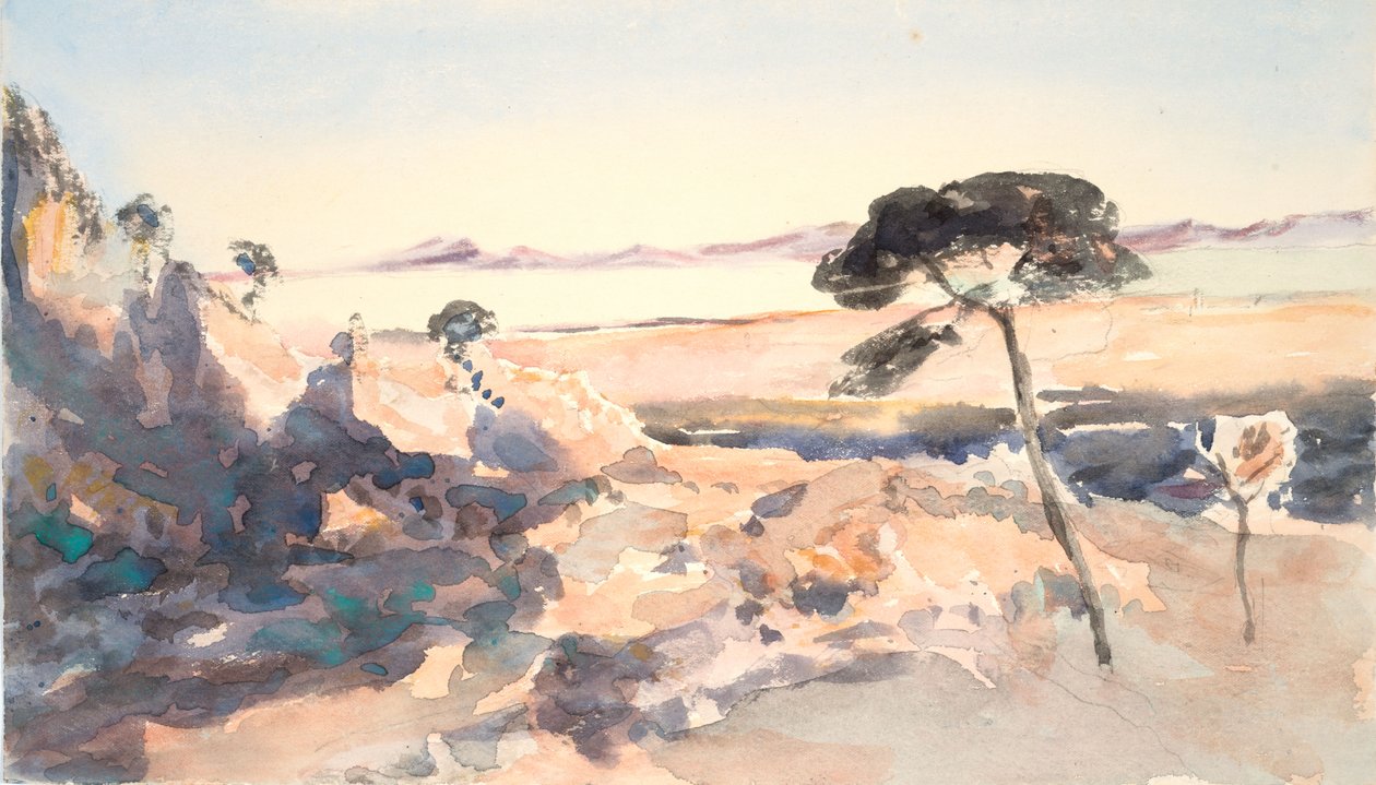 Paisaje: Árbol con montañas rosas (acuarela y grafito sobre papel de trama ) de Barbara Leigh Smith Bodichon
