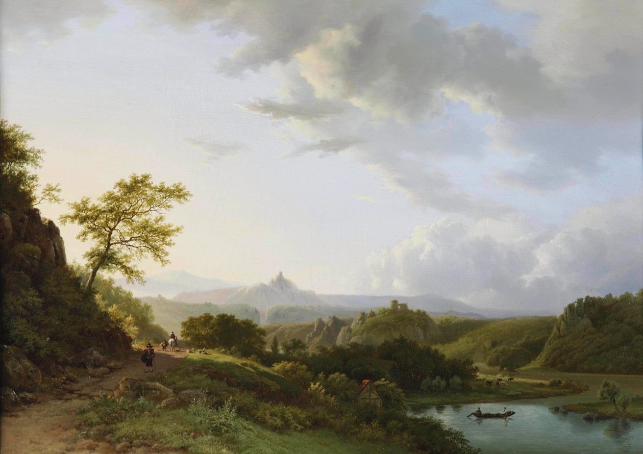 Un paisaje panorámico de verano con viajeros y las ruinas de un castillo a lo lejos de Barend Cornelis Koekkoek