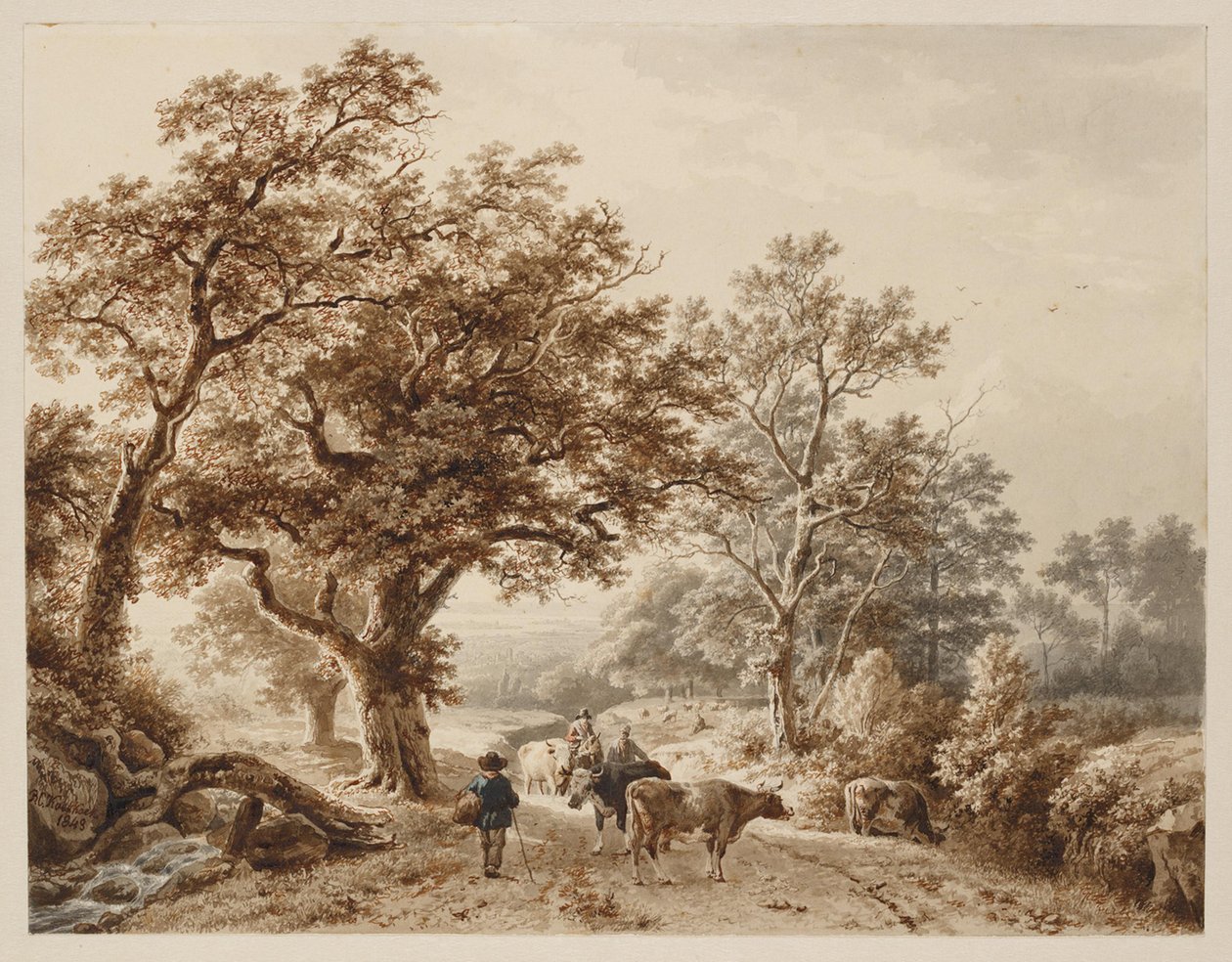 Un paisaje con espesos robles, animado con ganado y figuras de Barend Cornelis Koekkoek