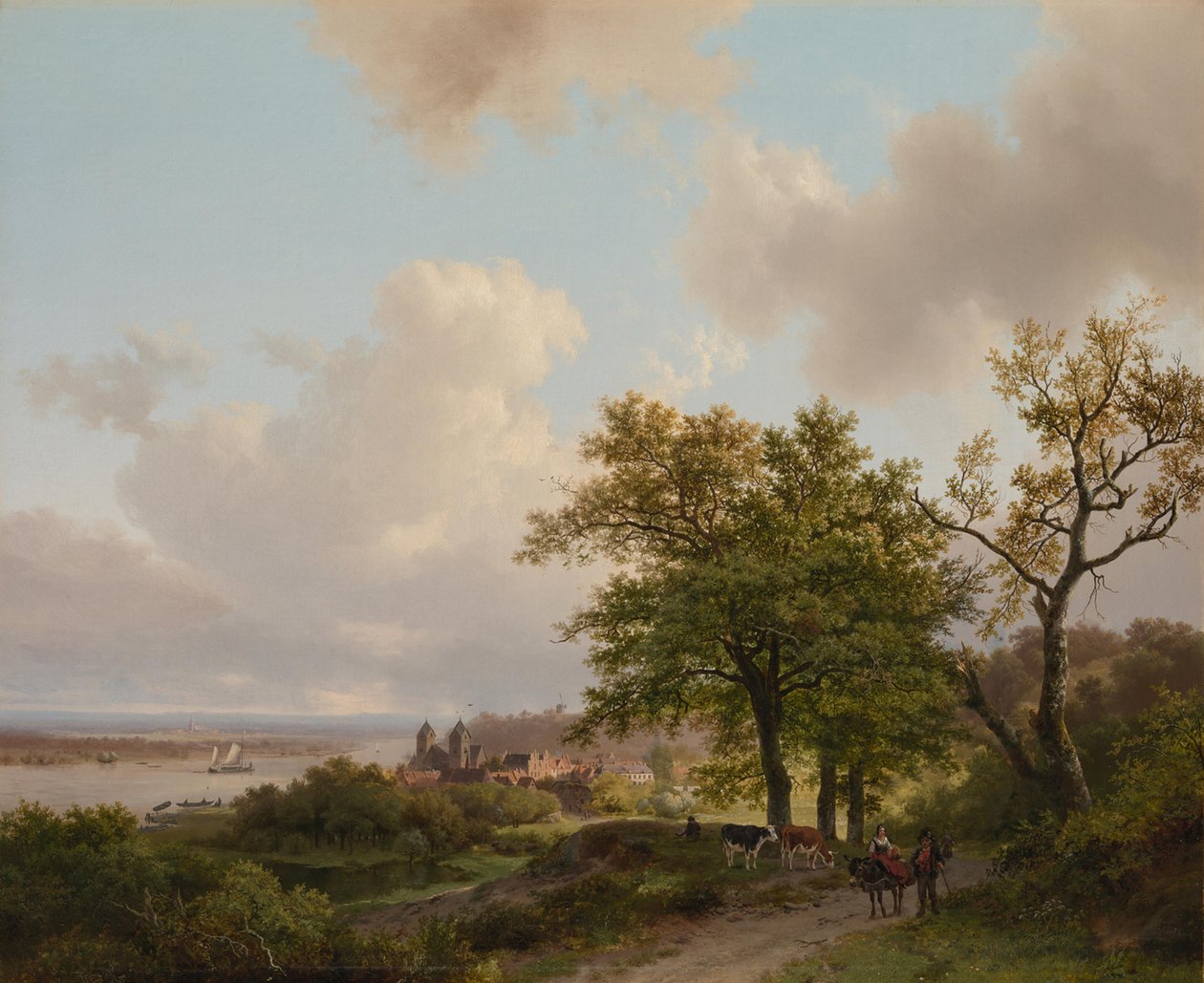 Una ciudad junto a un río vista desde una altura de Barend Cornelis Koekkoek