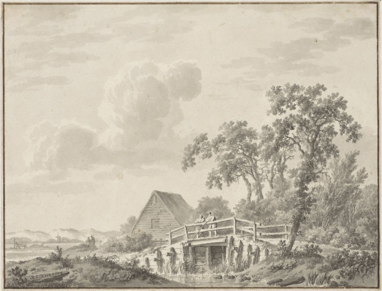 Paisaje en el borde de una duna con un pescador de Barend Cornelis Koekkoek
