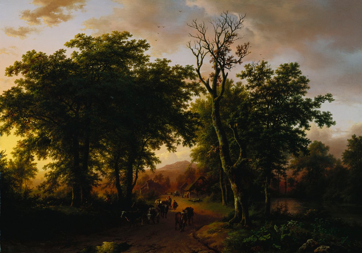 Viajeros en un camino al atardecer de Barend Cornelis Koekkoek