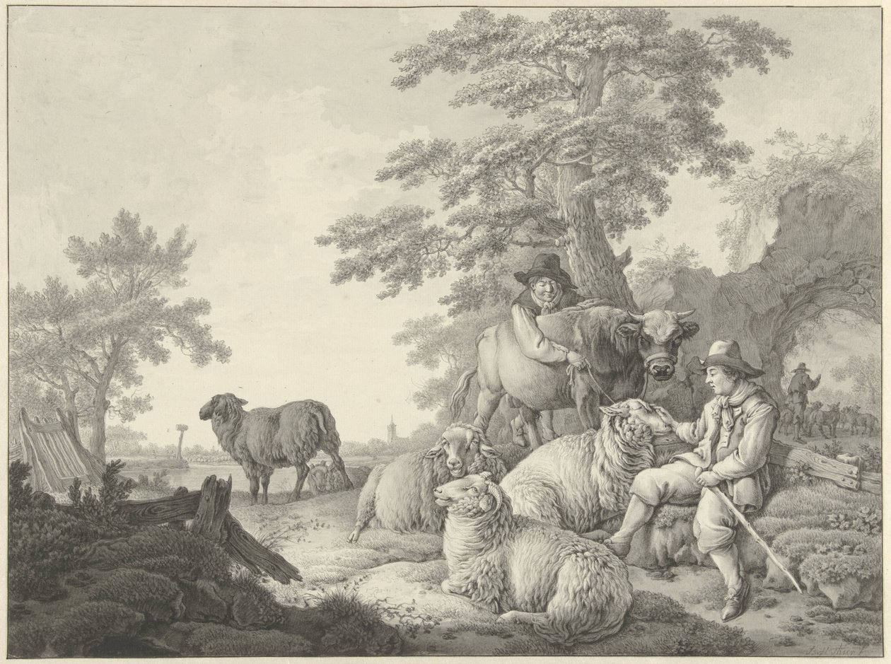 Pastor con ovejas y un niño con un toro joven en un paisaje de Barend Hendrik Thier