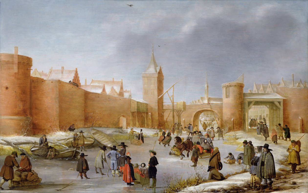 Patinadores y Jugadores de Kolf Fuera de las Murallas de la Ciudad de Kampen de Barent Avercamp
