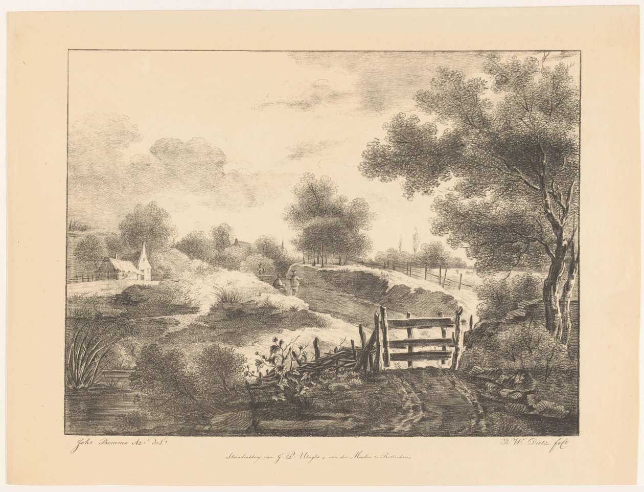 Paisaje con casas, arroyo y camino. de Barentie Willem Dietz