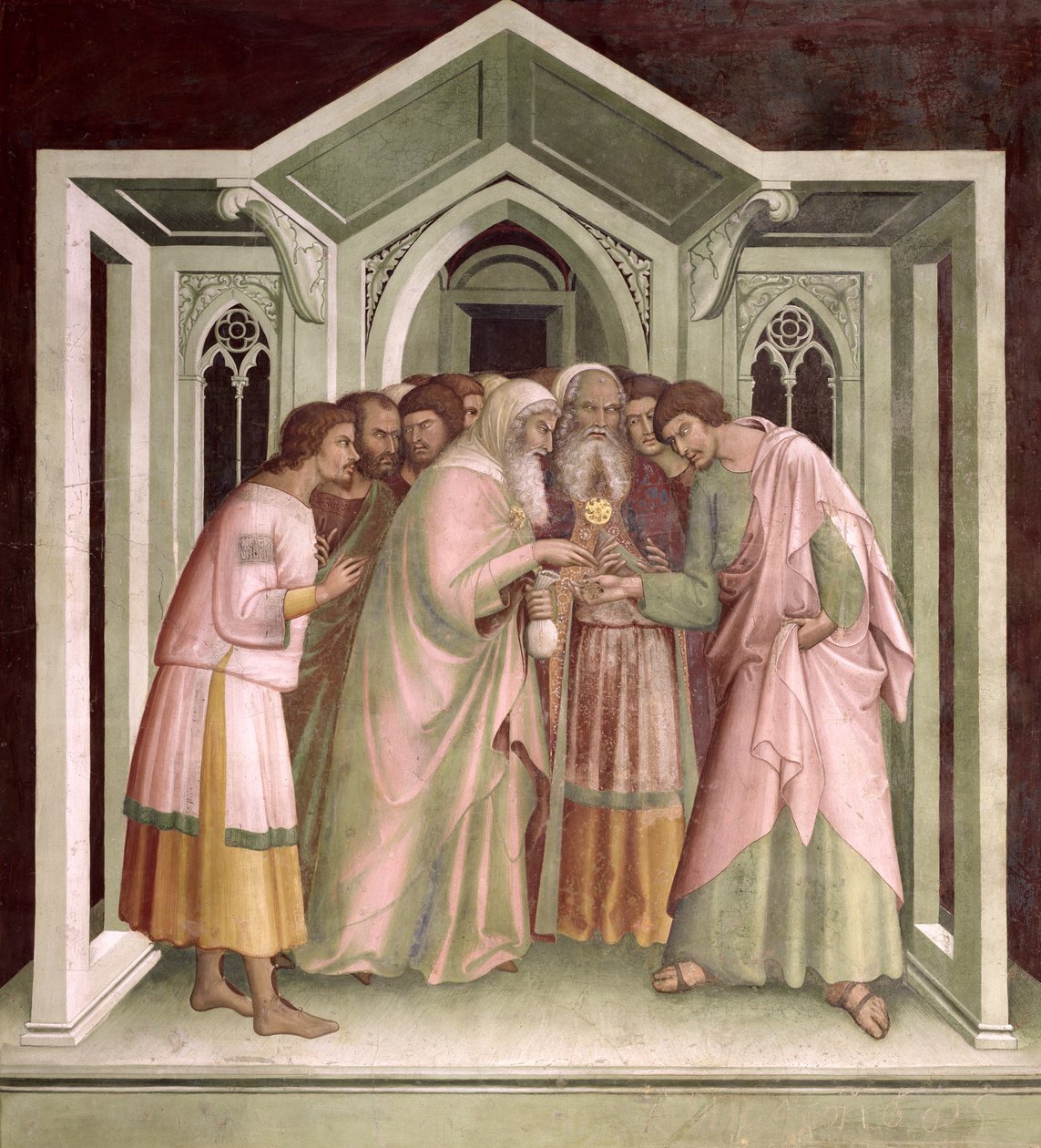 Judas recibiendo el pago por su traición, de una serie de escenas del Nuevo Testamento de Barna da Siena