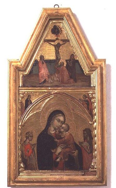 Madonna y Niño con San Juan Bautista y Santa Catalina, con escena de crucifixión arriba de Barnaba da Modena