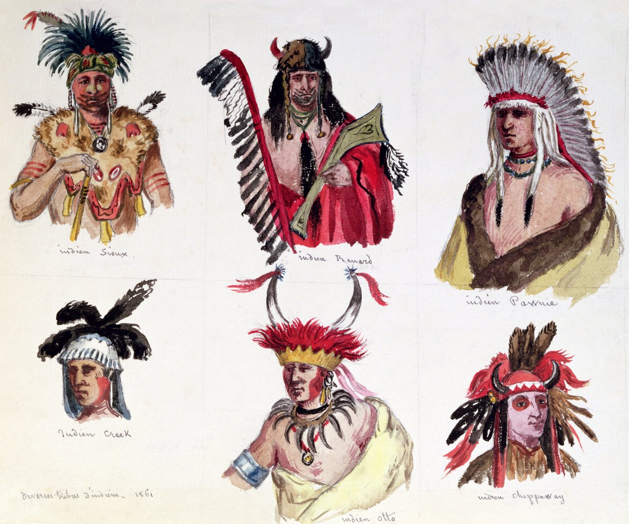 Retratos de seis indios americanos de las tribus Sioux, Renard, Pawnee, Creek, Otto y Chippewa, 1861 de Maurice Sand