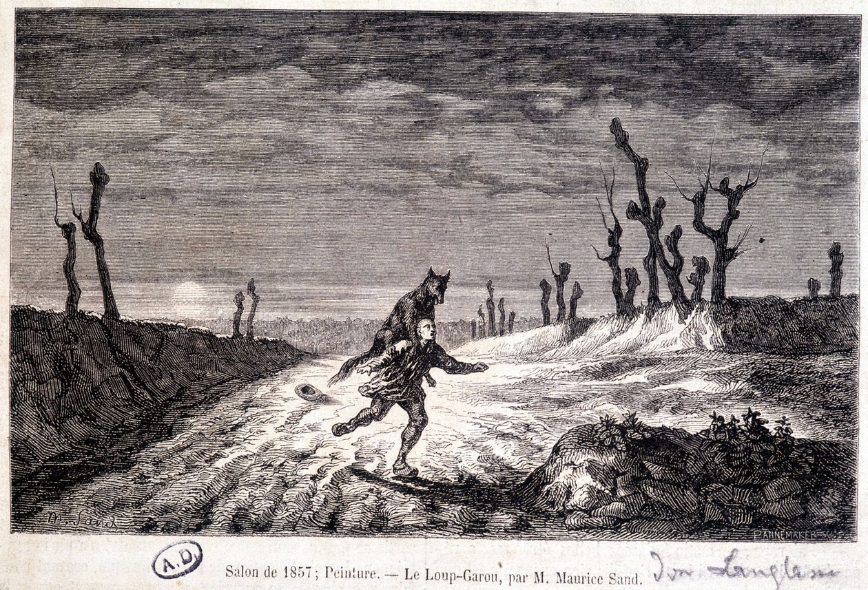 Hombre lobo (licántropo) atacando a un hombre - de pintura ap. por Maurice Sand exhibida en el Salón de 1857. de Baron Dudevant Jean Francois Maurice (after) Sand