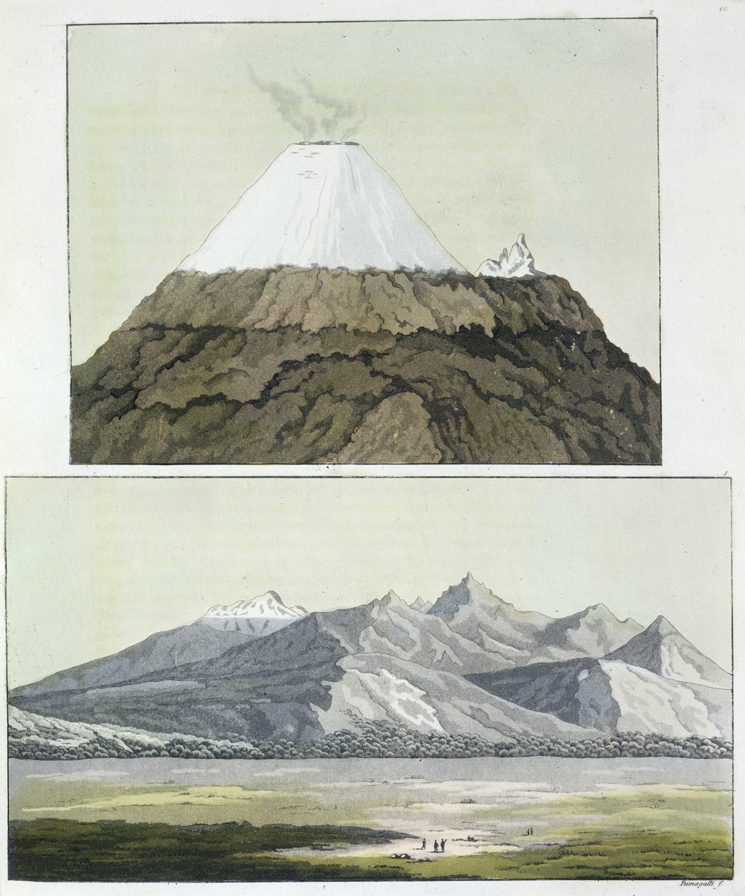 Cima del Cotopaxi (arriba), y la erupción del Cotopaxi, 1803 (abajo), de 