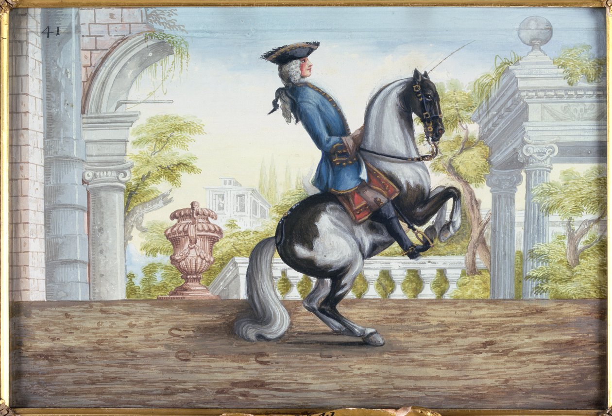 No. 41 Un caballo pinto de la Escuela Española de Equitación realizando la Pesade de Baron Reis Eisenberg