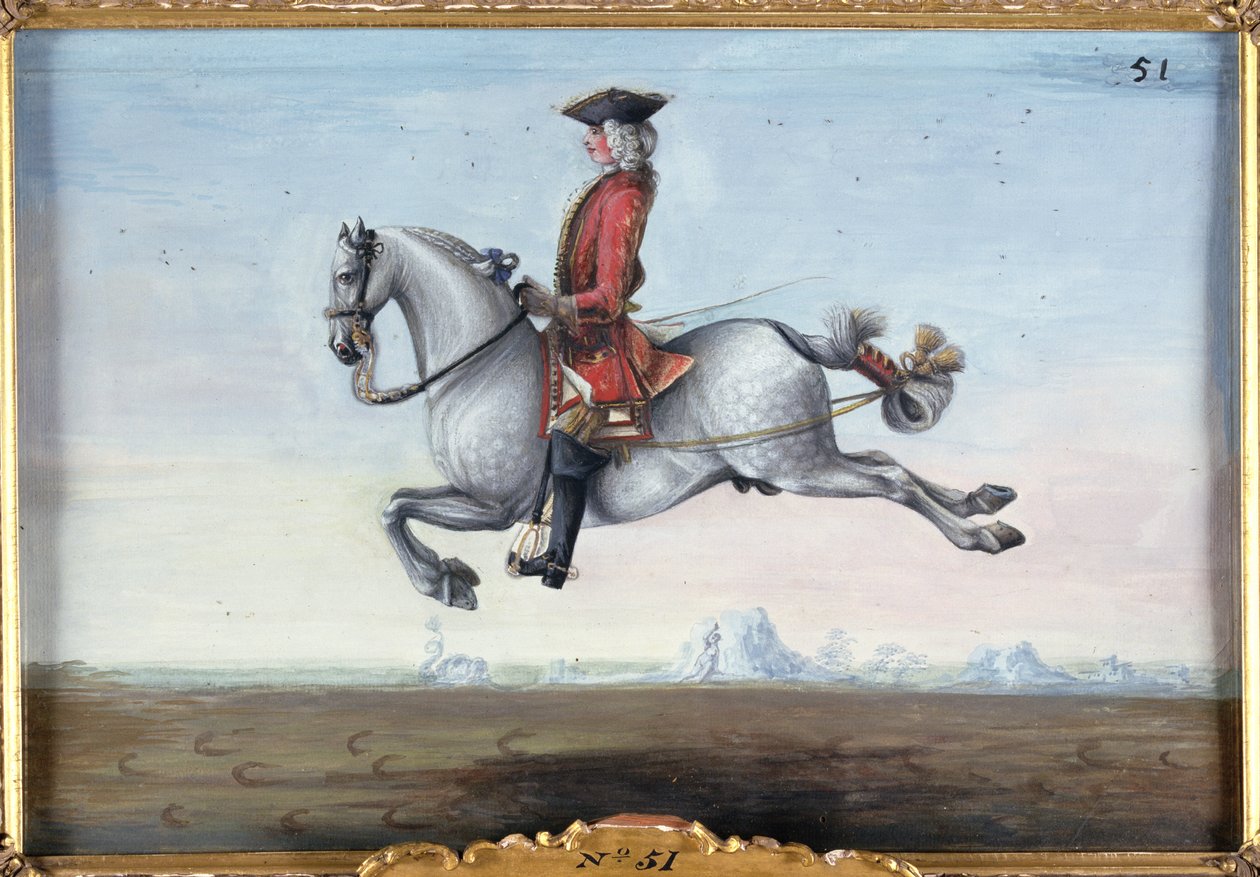 No. 51 Un caballo gris moteado de la Escuela Española de Equitación realizando un movimiento de doma llamado Capriole de Baron Reis Eisenberg