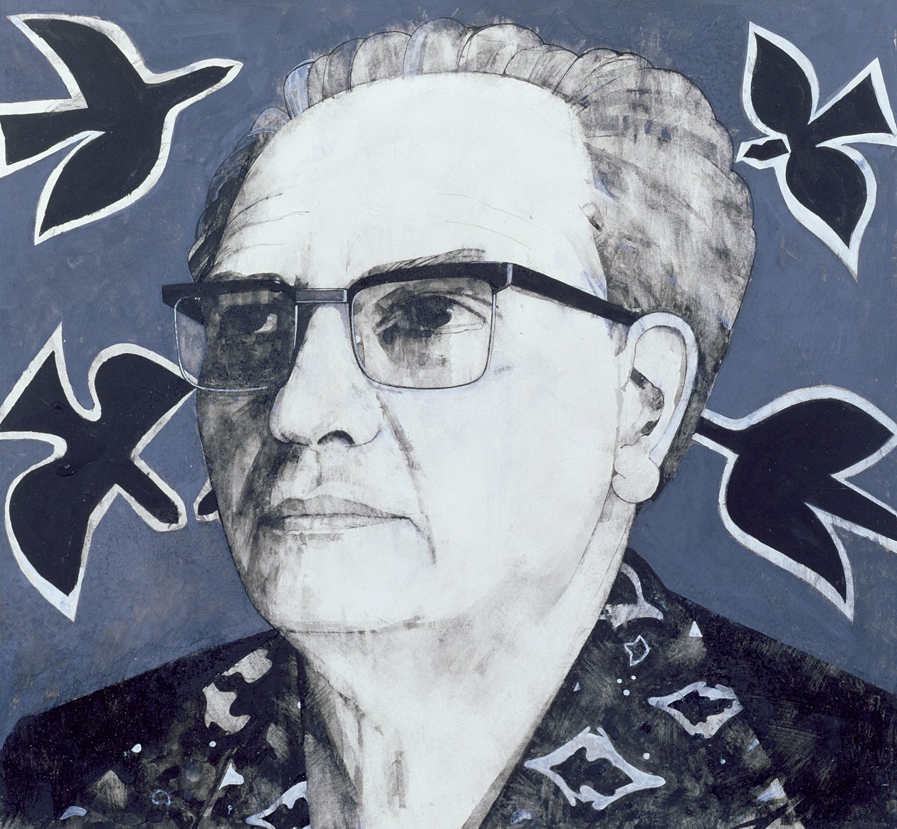 Retrato de Olivier Messiaen, ilustración para The Sunday Times de Barry Fantoni