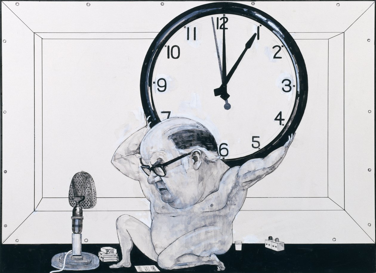 Retrato de William Hardcastle, ilustración para The Radio Times, años 1970 de Barry Fantoni