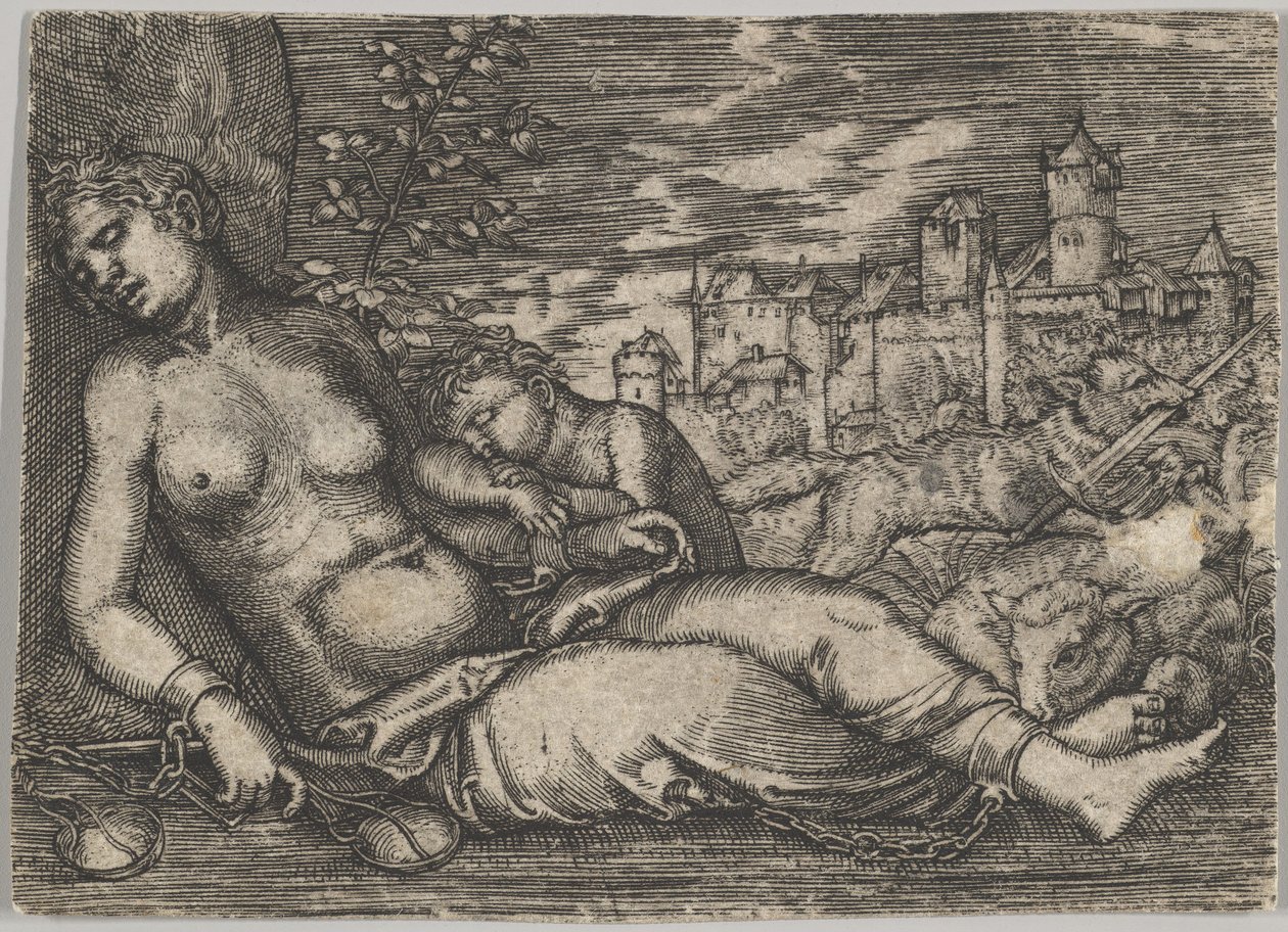 Der Welt Lauf Justicia durmiente copia, principios del siglo XVI de Barthel Beham