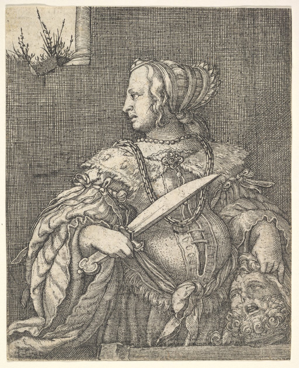 Judith, medio cuerpo y de perfil a la izquierda, una espada en su mano derecha y la cabeza de Holofernes de Barthel Beham