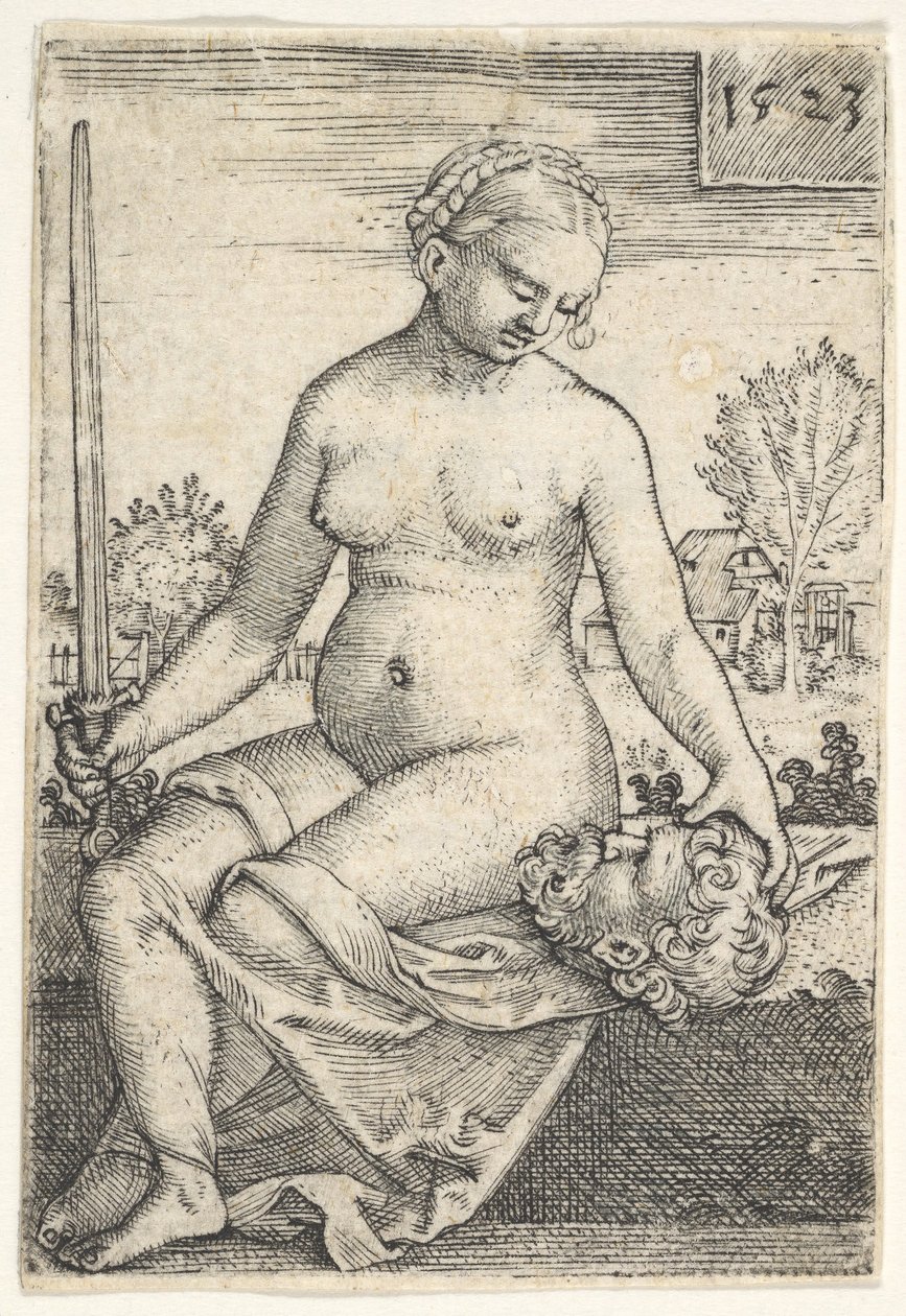 Judith, desnuda sentada con una espada en su mano derecha, mirando hacia la cabeza de Holofernes, 1523 de Barthel Beham