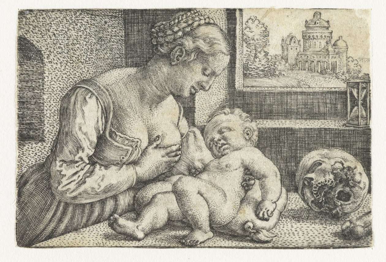 María con el niño en el pecho y el cráneo de Barthel Beham