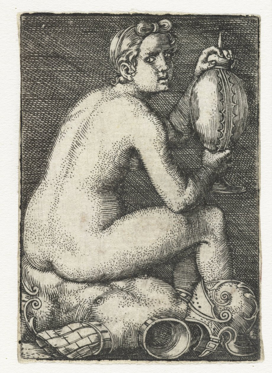 mujer desnuda, sentado, en, armadura de Barthel Beham