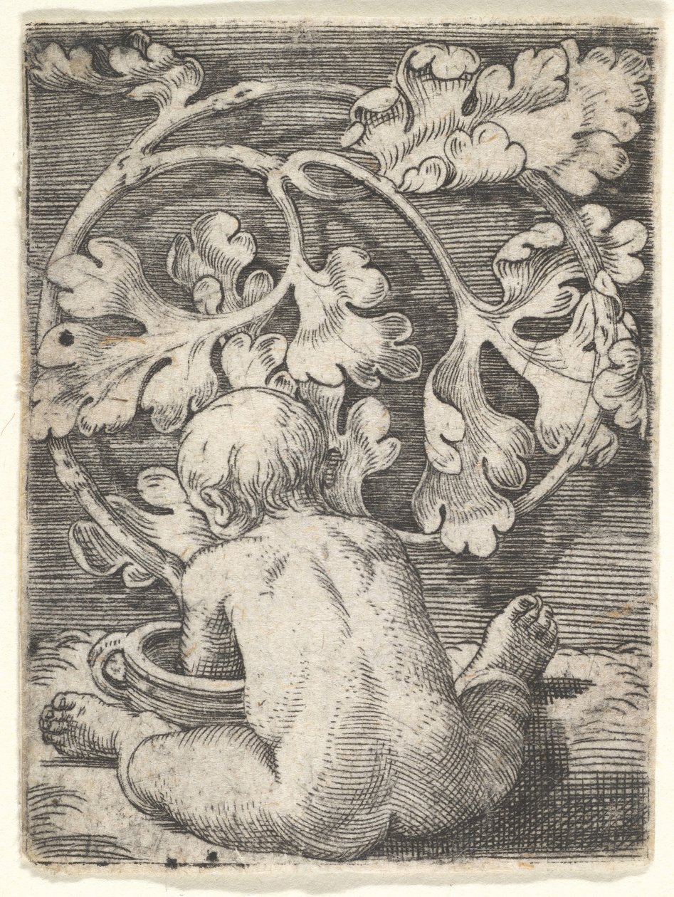 Niño desnudo visto desde atrás sentado frente a un recipiente, mediados del siglo XVII de Barthel Beham