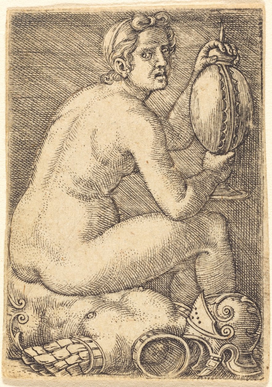 Mujer desnuda sobre una armadura (¿Prudentia?) de Barthel Beham