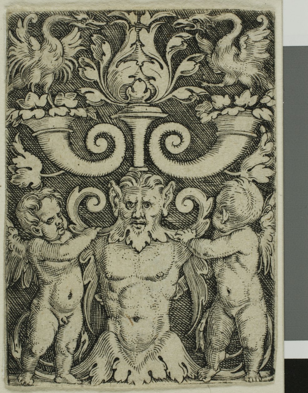 Ornamento con un medio cuerpo masculino entre dos genios de Barthel Beham