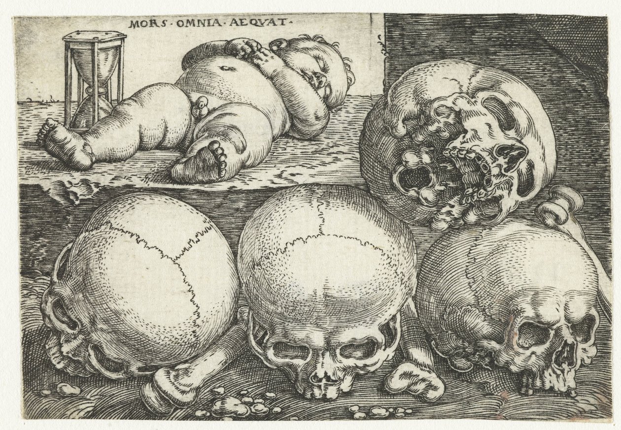 Niño dormido con reloj de arena y cuatro calaveras Derrame Omnia Aequat (título sobre objeto) de Barthel Beham