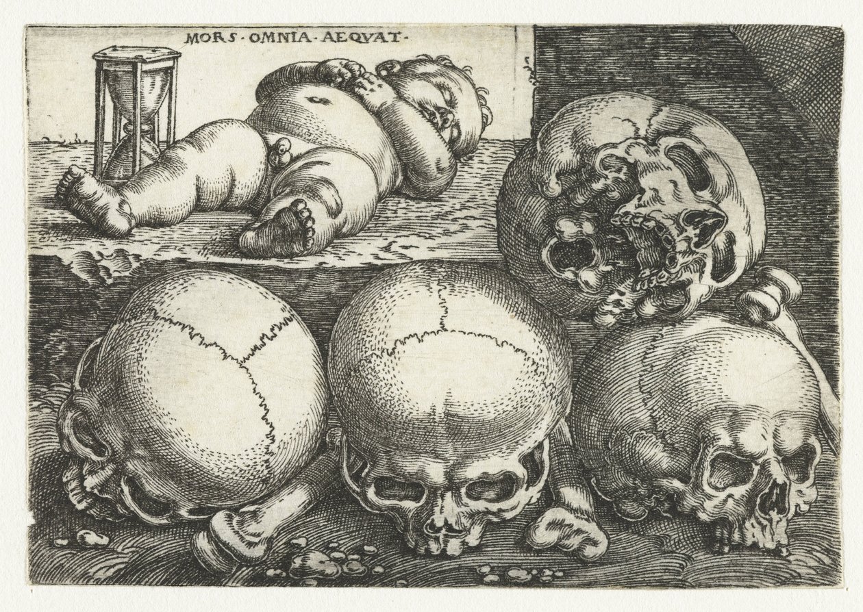 Niño dormido con reloj de arena y cuatro calaveras
Mors Omnia Aeqvat (título en el objeto) de Barthel Beham