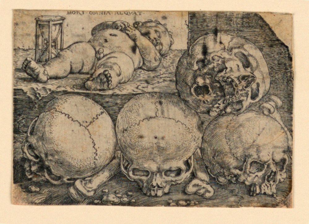 Niño durmiendo con cuatro calaveras de Barthel Beham