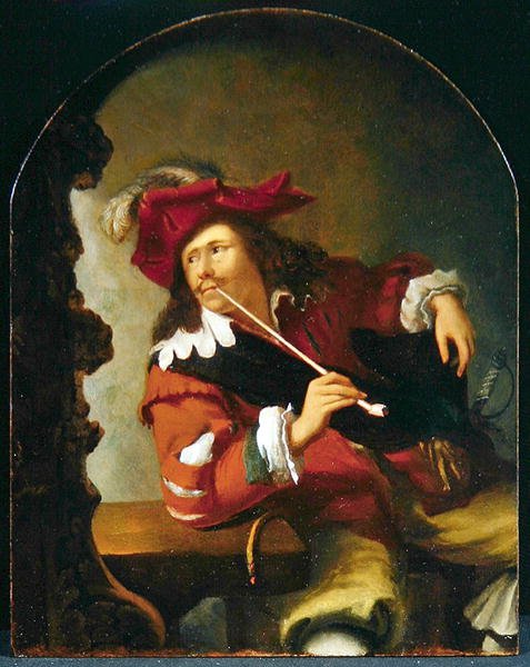 Un joven sentado en una mesa fumando una pipa mientras mira un espejo de Bartholomaus Maton