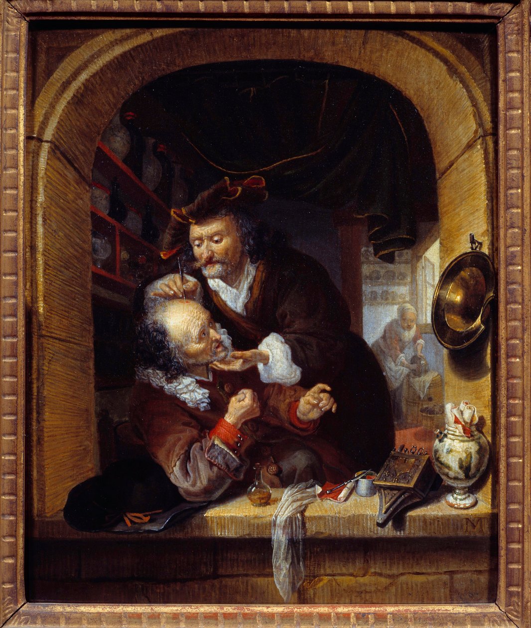Medicina: un doctor realiza una pequeña sangría para tratar los dolores de cabeza de su paciente de Bartholomaus Maton