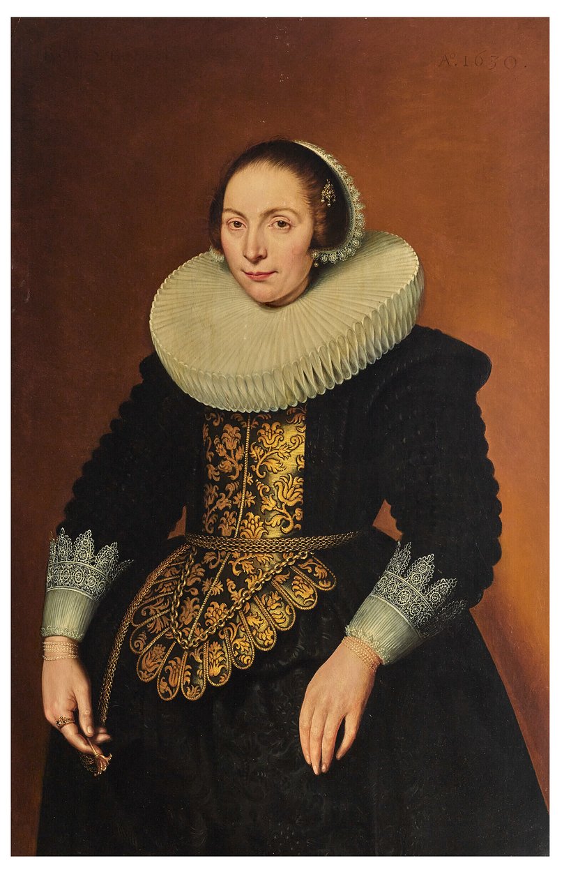 Retrato de una dama, de tres cuartos, sosteniendo su faja de Bartholomeaus Sarburgh