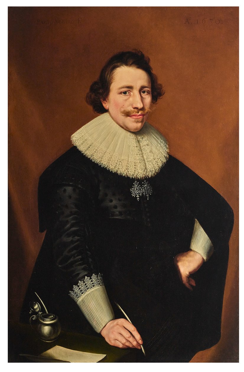 Retrato de caballero, de tres cuartos, sosteniendo una pluma; de Bartholomeaus Sarburgh