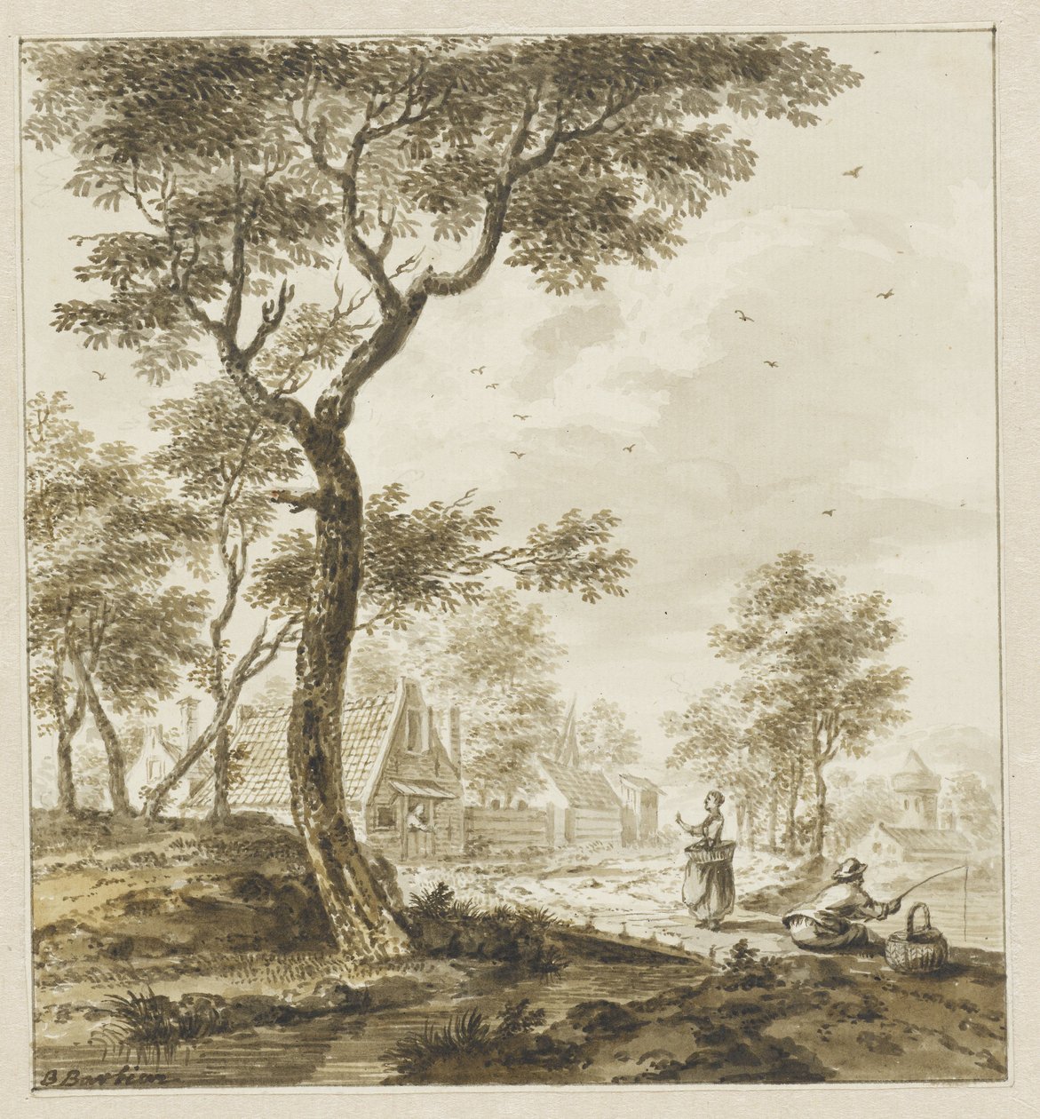 Paisaje con figuras y un pescador a la derecha de Bartholomeus Barbiers